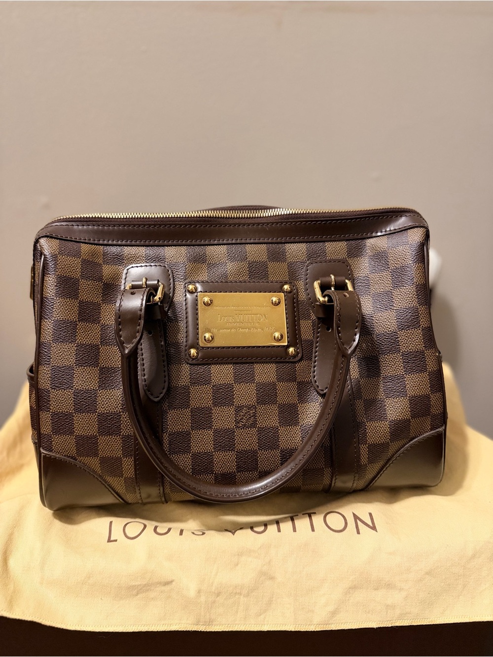 Louis Vuitton Brown Damier Ebene Checkered Satchel with Gold Plaque - Picture 1 of 9